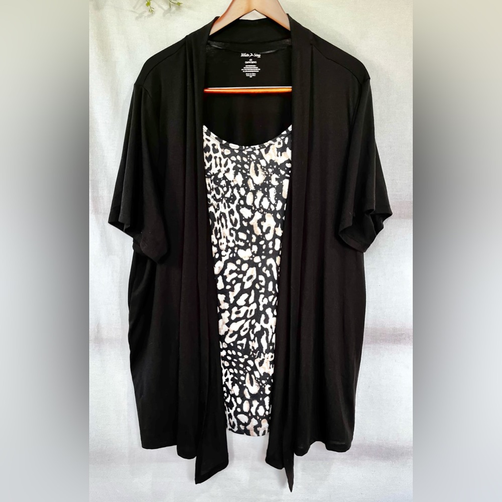 White Stag • Leopard Print Rhinestone Top with Attached Cardigan • 4X